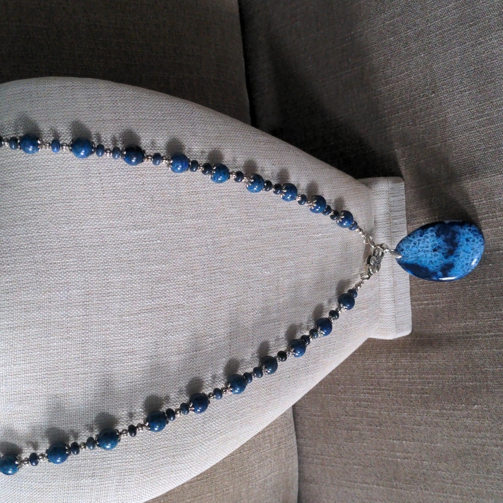 Blue Gemstone Beaded Pendant Necklace, 33" Long, New, Genuine Statement, Floral - Picture 3 of 8